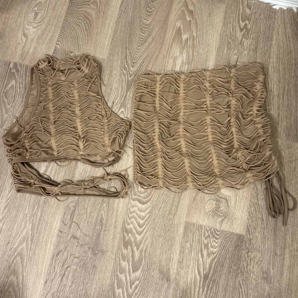 SHEIN Tan Fringe Two-Piece Set Size Large Festival Boho Hippie Costume - Picture 8 of 9